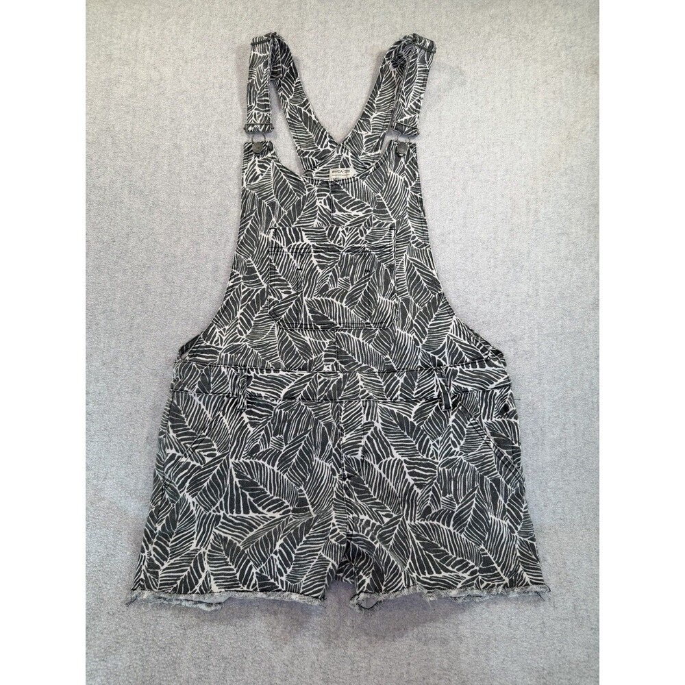 RVCA Overall Shorts Women’s Sz L Black and White Leaf Print Shortall Cutoff